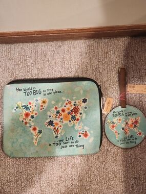 Floral World Map Pouch and Luggage Tag Set - Teal